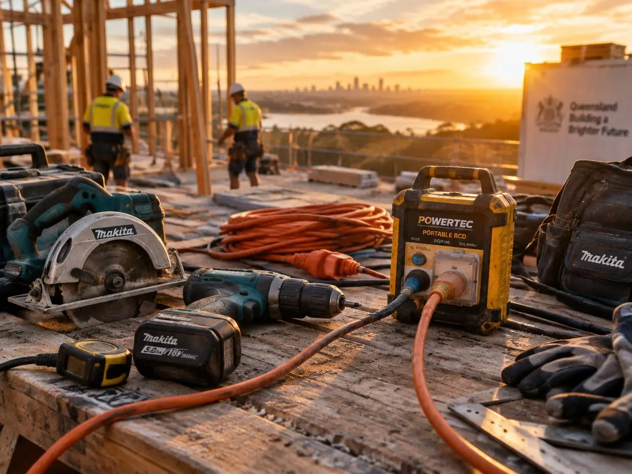 Power tools, extension leads and a portable RCD on a Queensland building site