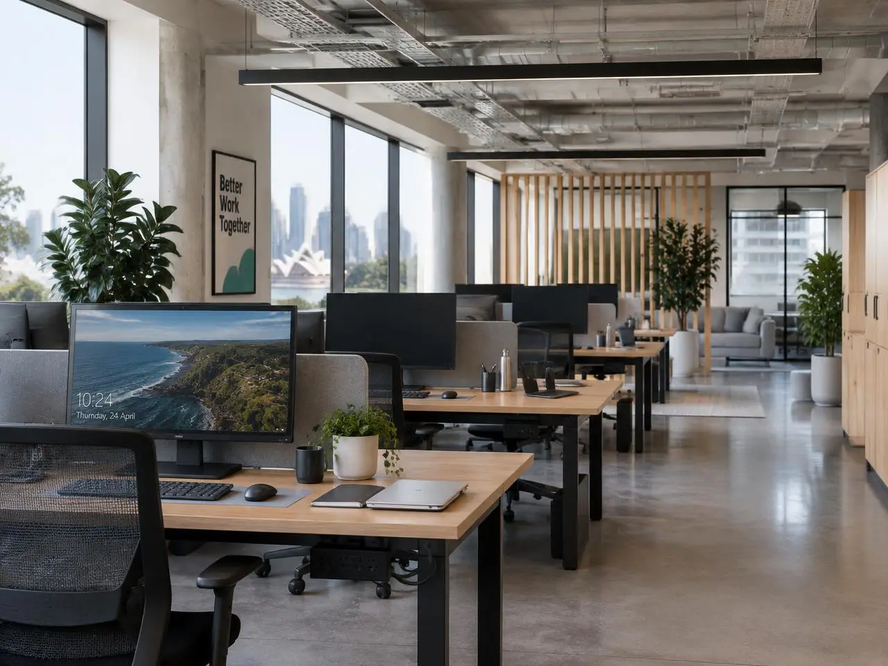 Office desks with computers and power boards