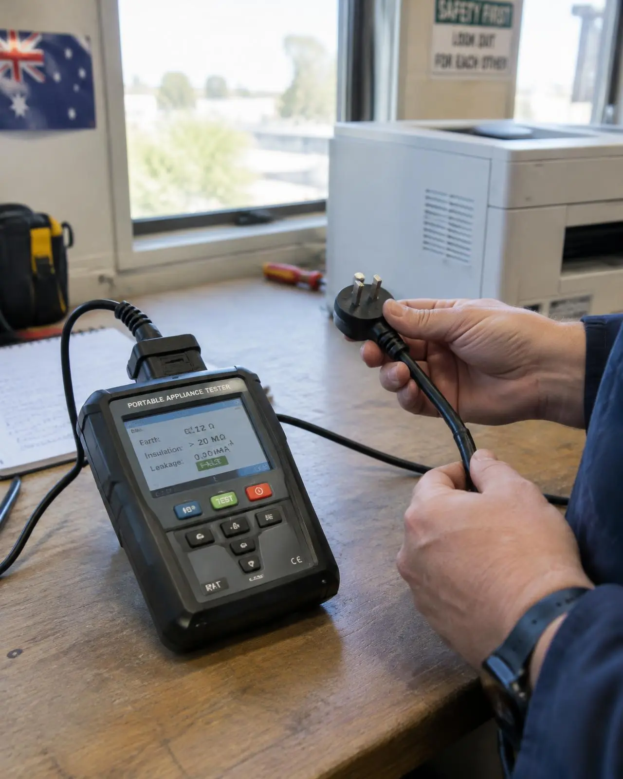 Technician inspecting an appliance plug beside a portable appliance tester